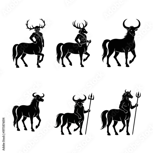 Mythical Creatures Silhouette: Centaurs, Minotaurs, and Satyrs with Antlers and Horns