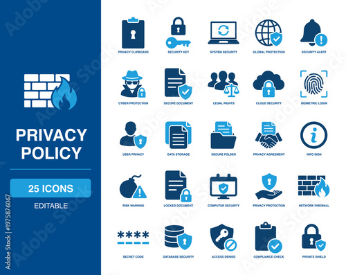 Privacy Policy solid vector glyph icon set including privacy clipboard, security key, system security, global protection, biometric login, user privacy, and secure folder icons.