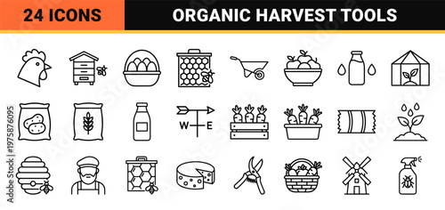 Minimalist farm and agriculture line icon set for gardening and farming.