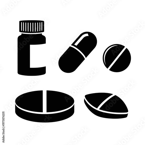Pill Bottle and Assorted Pills Icons: Medicine, Health, Pharmacy, Healthcare, Drugs