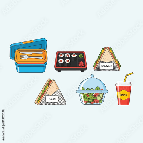 Pixel Art Lunchbox, Sushi, Sandwich, Salad, and Drink - Healthy Meal Assortment