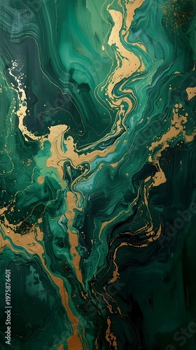 Abstract green and gold marble texture, ethereal swirls of emerald and gold ink on dark backdrop