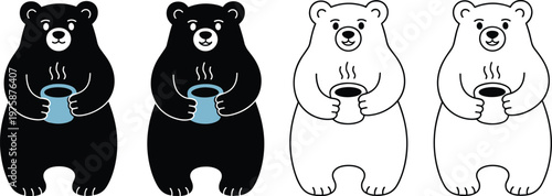 Two black and two white cartoon bears holding steaming mugs of coffee or tea Keywords: bear, cartoon, illustration, black bear, polar bear