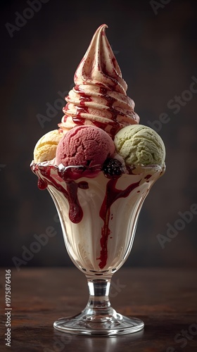 A luscious and vibrant ice cream sundae, artfully layered with creamy soft-serve, colorful scoops, and sweet berry syrup drizzle, creating a decadent dessert experience