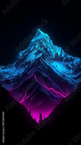 A breathtaking neon-lit mountain range bathed in vibrant blue and pink hues under a dark night sky