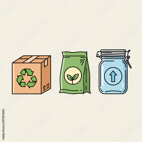 Recycling box, compost bag, and reusable jar with upward arrow icon