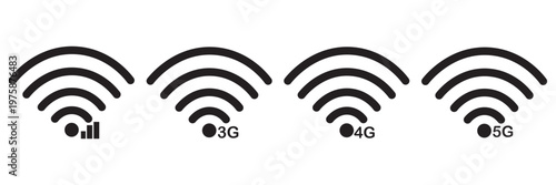 Wireless Network Icons Set with 2G, 3G, 4G, 5G Technology Progression. Digital Communication Wi-Fi Icons Set on White Background.