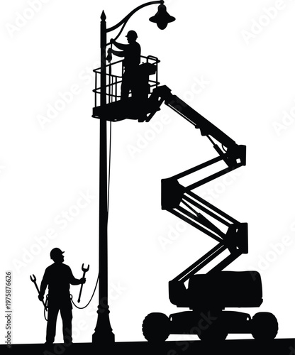 Electrician silhouette repairing street light with cherry picker lift, construction worker on hydraulic platform, industrial maintenance service, utility repair team, 