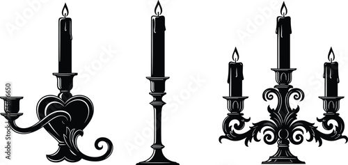 Gothic candlestick bundle, vintage black candelabra with lit candles, heart shaped candle holder vector, ornate baroque chandelier silhouette, mystical occult home decor elements isolated on white.