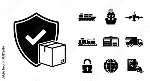Secure Shipping and Logistics Icons: Shield, Box, Cargo Ship, Airplane, Train, Truck, Warehouse, Lock, Globe, Document