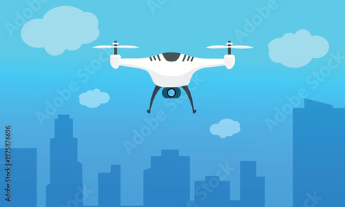 Modern quadcopter drone with camera flying above city buildings, vector illustration.