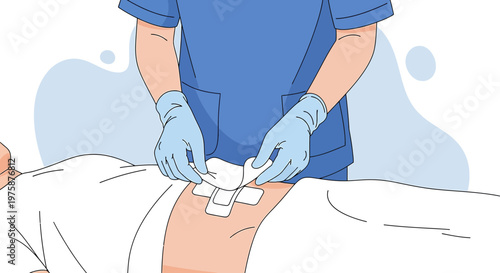 Medical Professional Applying Dressing to Patient's Abdomen After Surgery