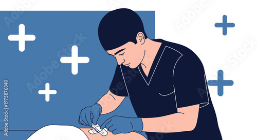 Medical Professional Applying Dressing to Patient's Abdomen in Operating Room