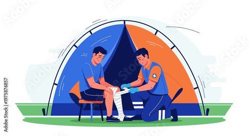 First Aid Tent: Medic Bandaging Injured Hiker's Leg in Outdoor Camp