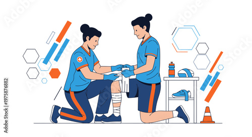 First Aid Training: Applying Bandage to Injured Knee by Medical Professional