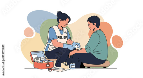 First Aid Volunteer Applying Bandage to Injured Person, Medical Kit Open