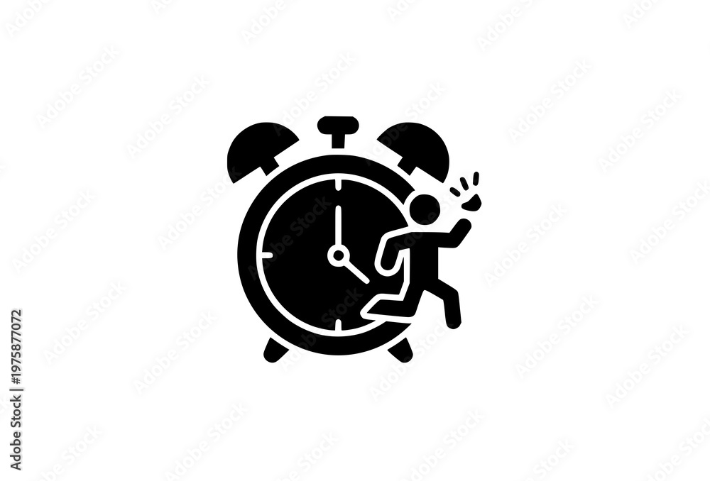Fototapeta premium Creative wake up alarm clock icon with jumping figure glyph vector isolated on white background