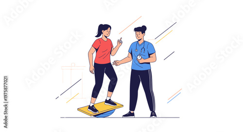 Fitness Trainer Supervising Woman Balancing on Wobble Board for Core Strength Training