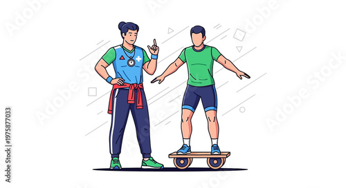 Fitness Coach Instructing Athlete on Balance Board for Core Strength Training