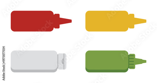 Modern flat vector illustration of colorful condiment bottles: ketchup, mustard, mayonnaise, and relish. Ideal for food branding, menus, and digital designs.