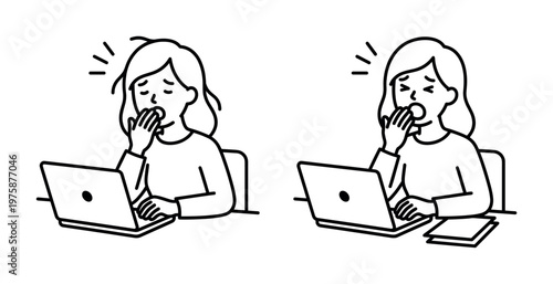 Tired woman yawning while working on a laptop, depicting fatigue, stress, or late-night study. Simple, modern vector illustration for concepts like burnout and work-life balance.