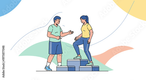 Fitness Coach Guiding Woman Through Stair Climbing Exercise for Health and Wellness