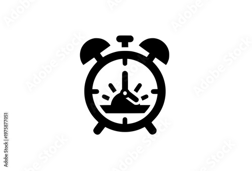 Wake up concept alarm clock icon with sunrise symbol solid glyph vector isolated on white