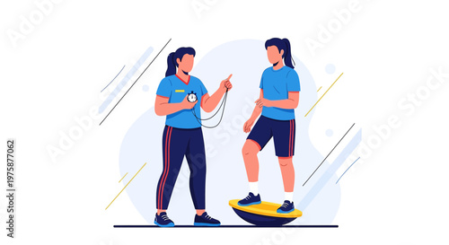 Fitness Trainer Instructing Client on Balance Board for Core Strength and Stability Training