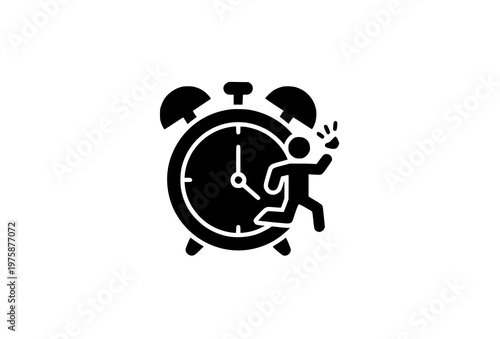 Creative wake up alarm clock icon with jumping figure glyph vector isolated on white background
