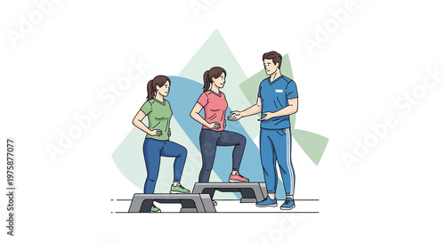 Fitness Trainer guiding women in step aerobics class with aerobic steps.