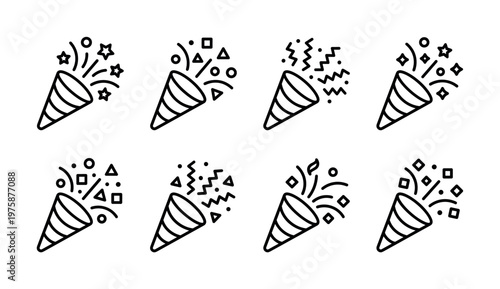 A set of party popper icons exploding with confetti. Minimalist line art vector symbols for celebration, birthdays, and achievements. Perfect for festive design.