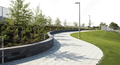 Modern park landscape architecture with curved stone retaining wall, paved walkway path, green garden plants and trees, outdoor public space urban design vector illustration isolated.