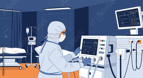 Healthcare Professional in PPE Adjusts Ventilator in Modern Operating Room