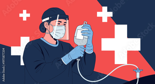 Healthcare Professional in PPE Administering IV Drip Amidst Medical Crosses