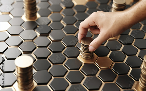 Financial investment and wealth management concept photo. Hand placing gold coins on black hexagonal tiles. Business growth strategy. Asset allocation and diversification represented by coin stacks.