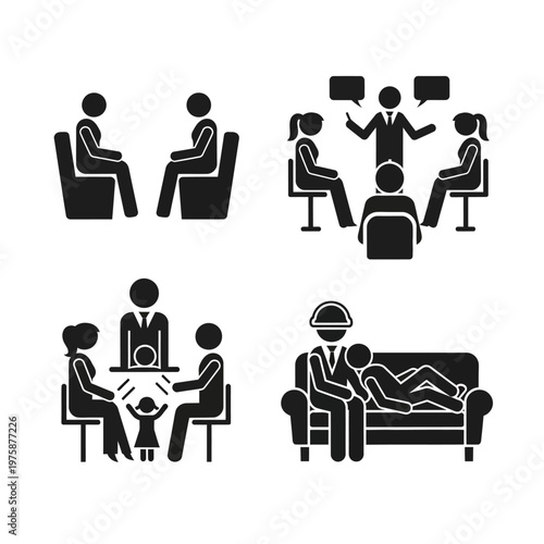Therapy Session Icons: Group, Family, Individual Counseling & Support