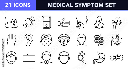 Minimalist medical pain and symptoms line icon set