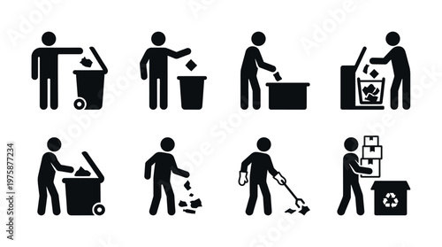 Comprehensive vector icon set illustrating waste management, recycling, and litter cleanup actions. Ideal for environmental awareness, educational materials, and signage.