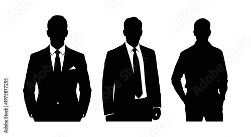 Three businessmen silhouettes in suits, standing together, professional business concept