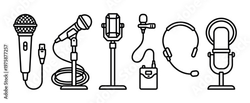 Line art vector icons showcasing various microphones, including handheld, lavalier, and studio types with headsets. Perfect for web, app, or print design related to audio, broadcast, and voice.