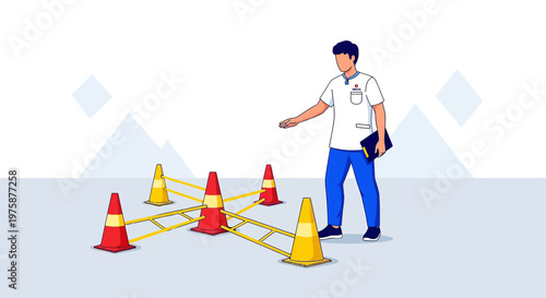 Healthcare professional navigating obstacle course with cones, symbolizing rehabilitation and recovery.