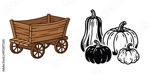 Vector illustration featuring a classic wooden farm cart and a collection of various pumpkins. Perfect for autumn, harvest, Thanksgiving, or Halloween designs.
