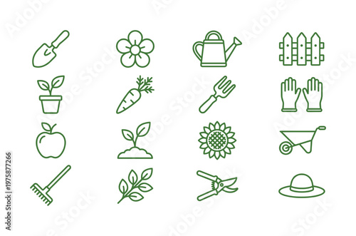 Minimalist green outline vector icons for gardening, nature, and organic farming. Includes tools, plants, and vegetables. Ideal for apps, websites, or educational content.