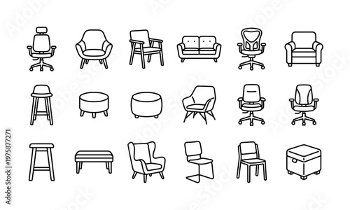 Vector collection of outline furniture icons: chairs, sofas, stools, ottomans. Perfect for web, app design, interior decor, and e-commerce projects. Clean, modern, versatile.