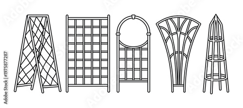 Modern outline vector illustration of five distinct garden trellises and plant supports. Perfect for gardening, landscaping, and plant care designs.