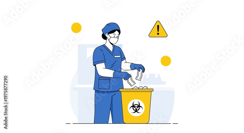 Healthcare worker disposing of medical waste in biohazard bin, safety and hygiene concept