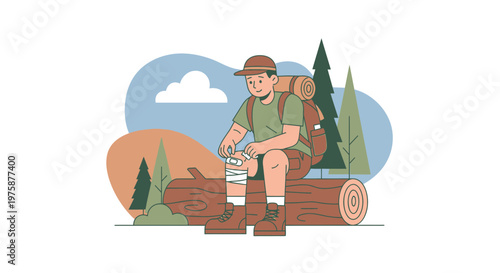 Hiker with Bandaged Leg Resting on Log in Forest