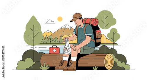 Hiker with Bandaged Knee Receives First Aid in Nature