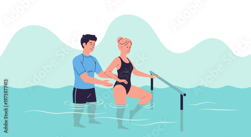 Hydrotherapy patient with physical therapist in water, rehabilitation and recovery