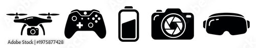 A set of black vector icons representing modern technology and entertainment gadgets: drone, gamepad, battery, camera, and VR headset. For tech blogs or apps.